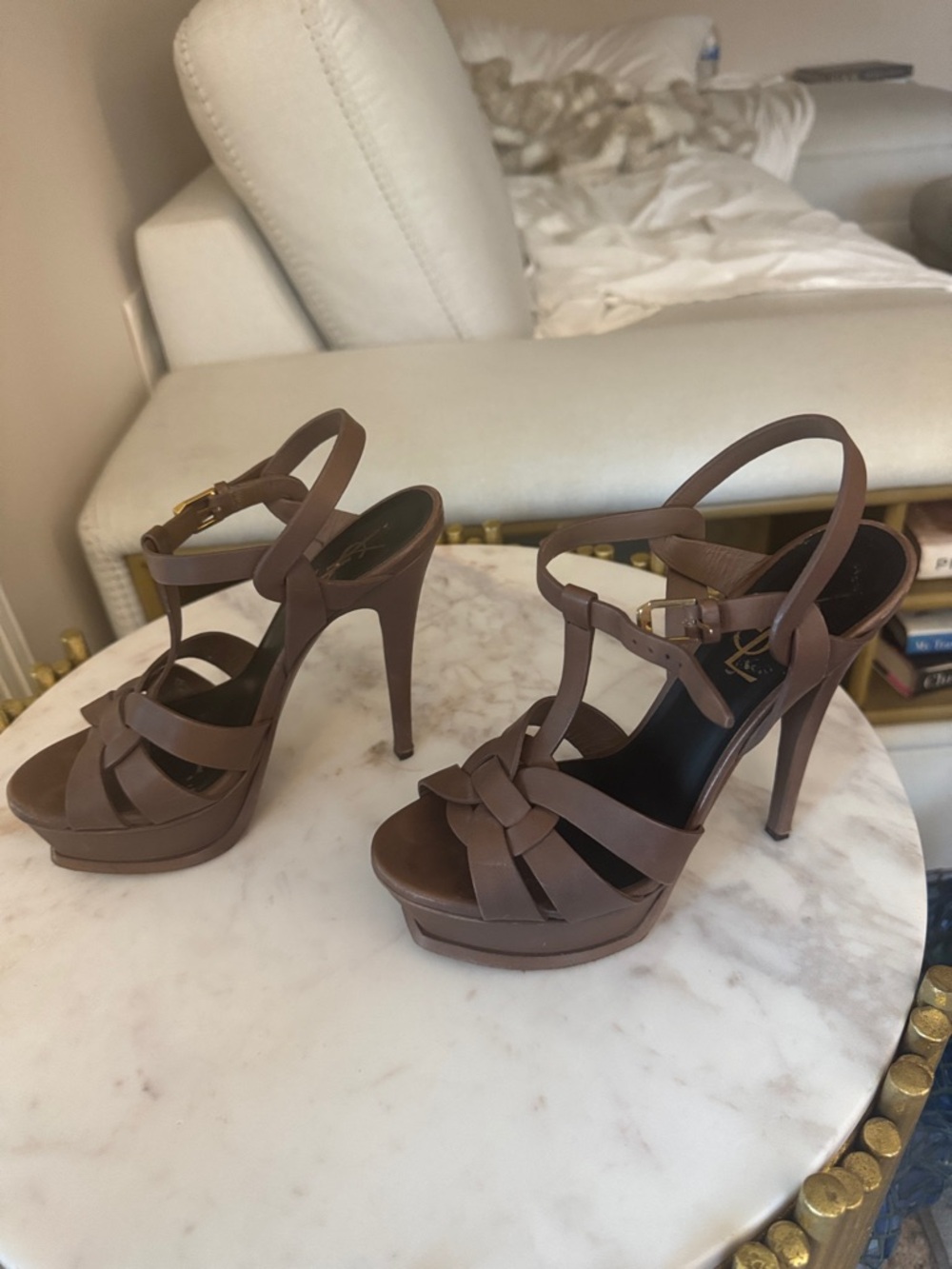 Yves Saint Laurent Brown Leather Knotted Platform Heels - Picture 2 of 4